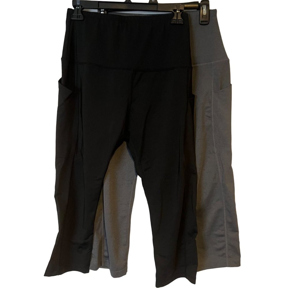 Sports Wear Leggings Womens Large Set of 2 Gray And Black Side Pockets Stretch